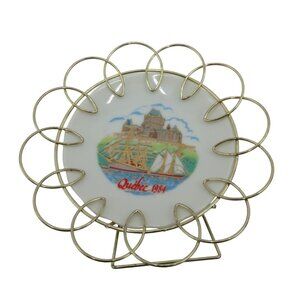 QUEBEC Canada 1984 Souvenir Plate with Metal Holder Made in Japan 80s Vintage